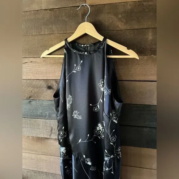 Vintage 90s Black Floral Butterfly High Neck Midi Dress - Picture 6 of 12